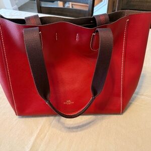 Coach Red Derby Leather Tote with Brown Straps